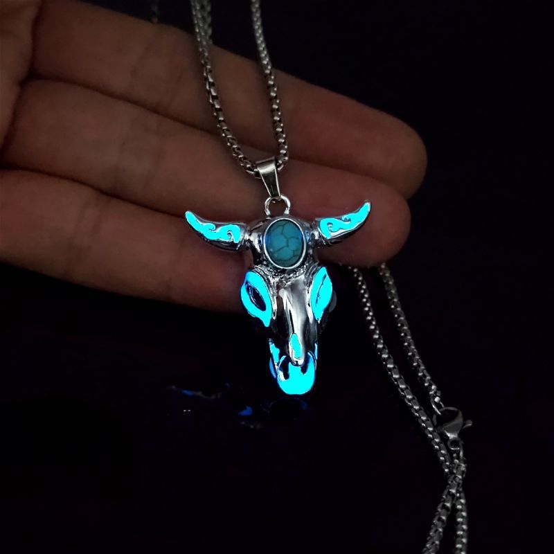 Men's Turquoise Gemstone Bull Head Luminous Stainless Steel Necklace 93242b41 fcba 4ce6 bb91 7d6fb3512d76