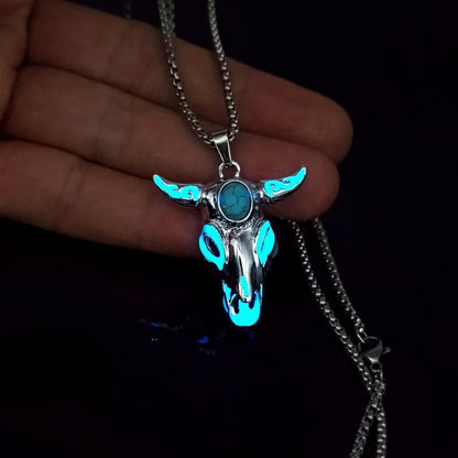 Men's Turquoise Gemstone Bull Head Luminous Stainless Steel Necklace 93242b41 fcba 4ce6 bb91 7d6fb3512d76