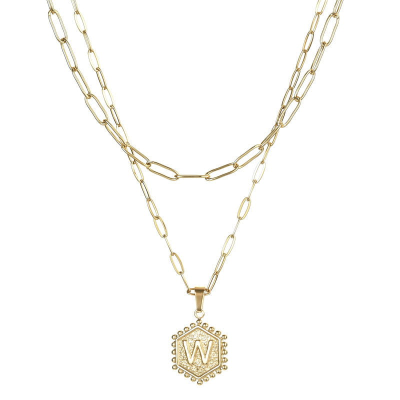 14K Gold Double-layer Combination Necklace Cool Female Letter Stainless Steel Necklace - HD Wireless Product #24
