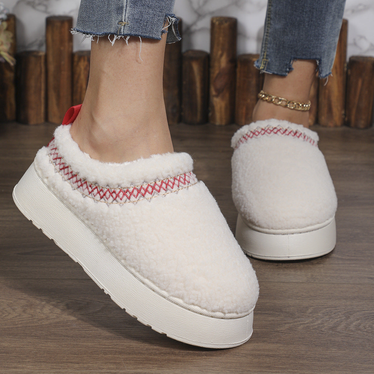 New Ethnic Style Sewing-edge Plush Slippers Winter Indoor Floor Thick-soled Slipper Fashion Outdoor Warm Garden Shoes 936fe6d