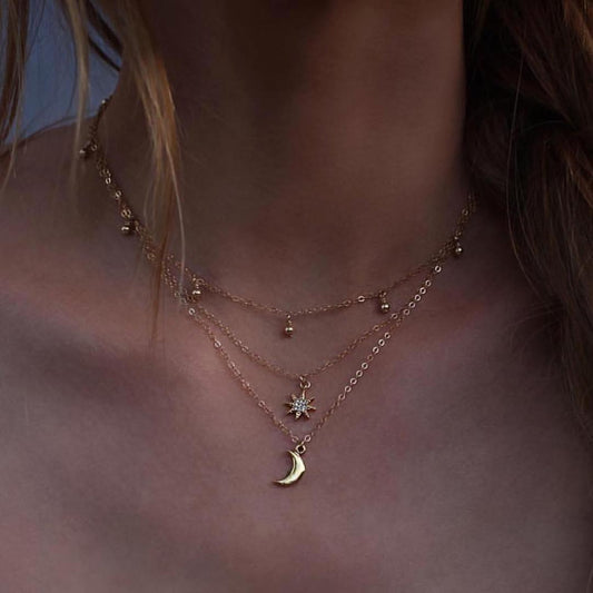 Round beads full of stars and moon multi-layer necklace 938668730562