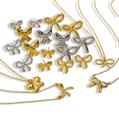 Bow Stainless Steel 14K Gold Earrings Necklace 943b77e6 30f6 478a 985e de092d252eb1