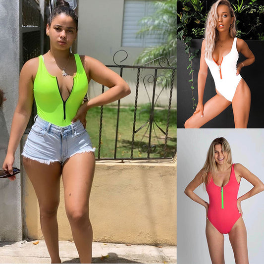 Ladies zipper sexy one-piece printed swimsuit women swimwear 948356172619