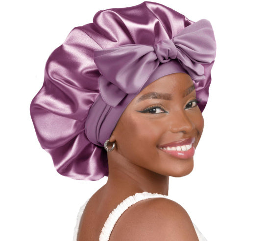 Double-layer Satin Ribbon Round Cap Bow Artificial Silk Beauty Hair Care Wide-brimmed Hat 95071ecf 7b5a 45f0 b163 3b88b8bcb83