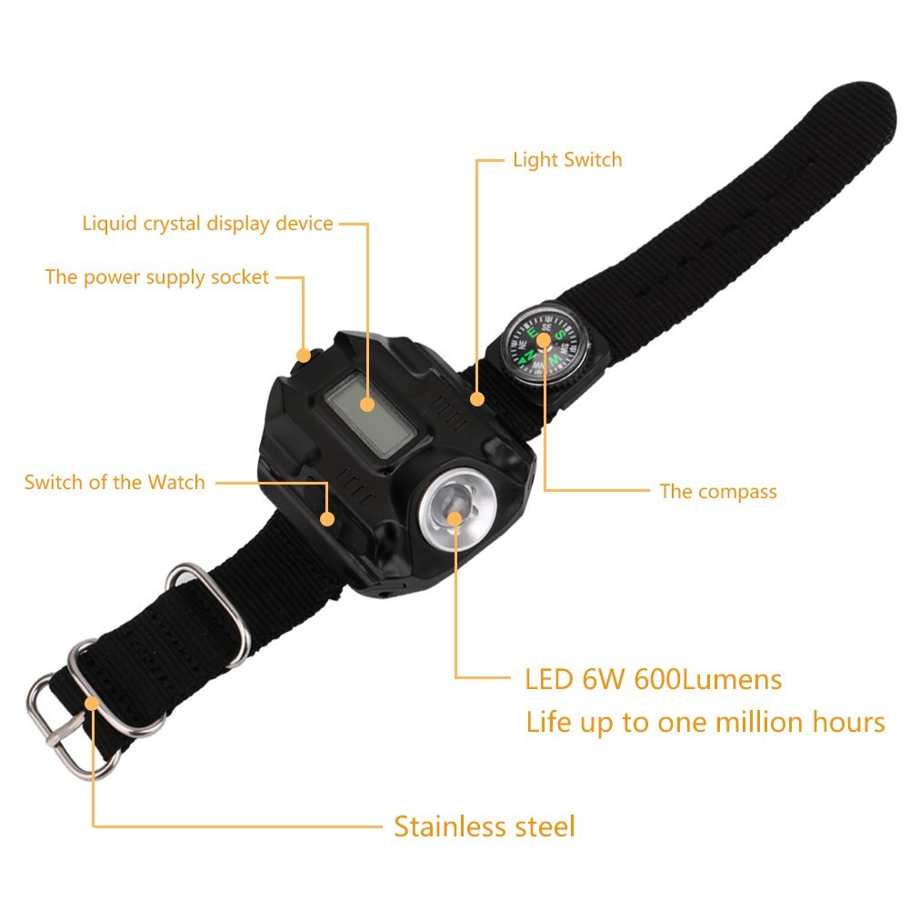 LED watch flashlight flashlight portable light USB charging 4 mode light tactical flashlight time display with compass 968177