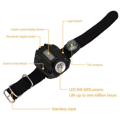 LED watch flashlight flashlight portable light USB charging 4 mode light tactical flashlight time display with compass 968177