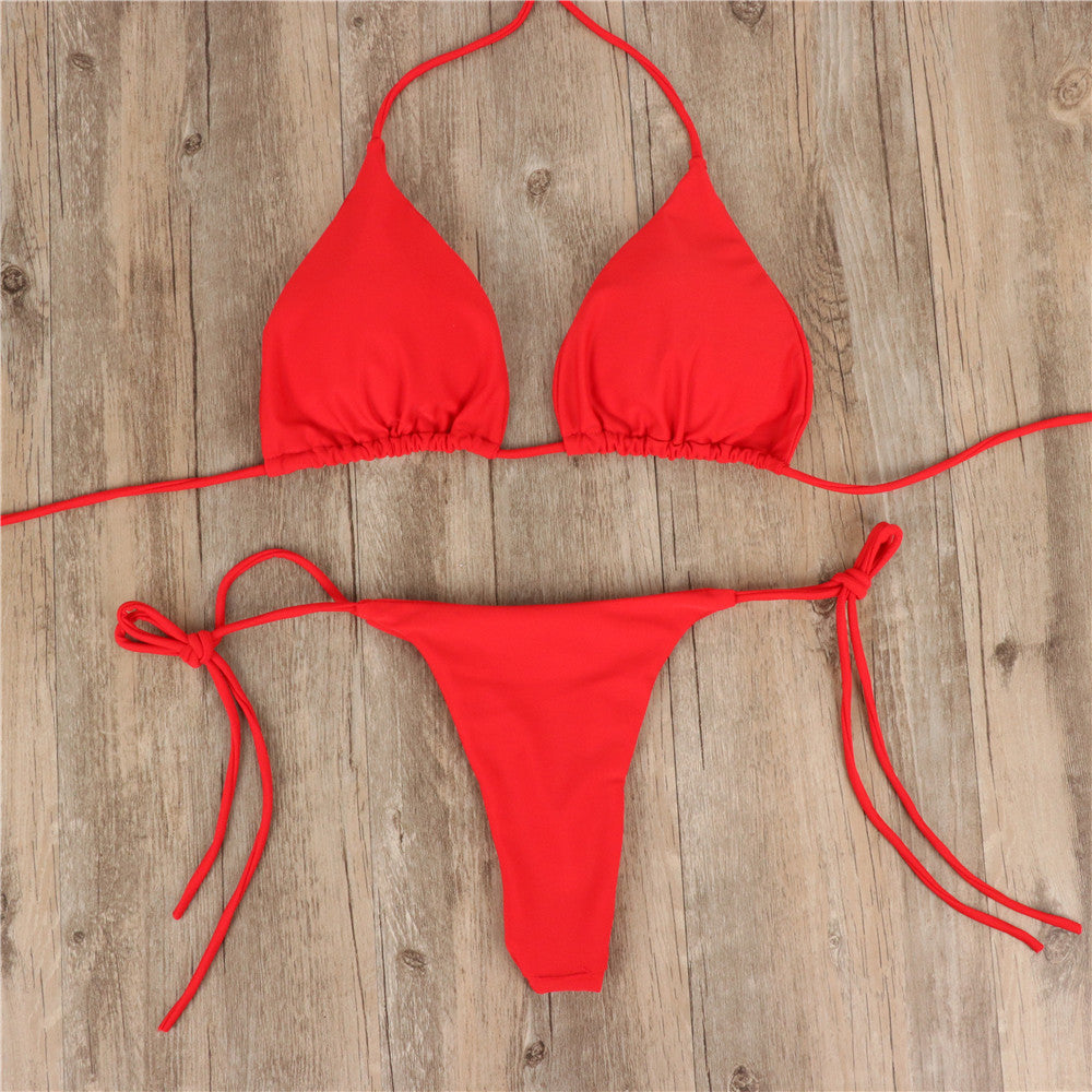 2pcs Halterneck Lace-up Bikini Women Summer Solid Color Sexy Split Strap Adjustable Swimsuit Suit - HD Wireless Product #7