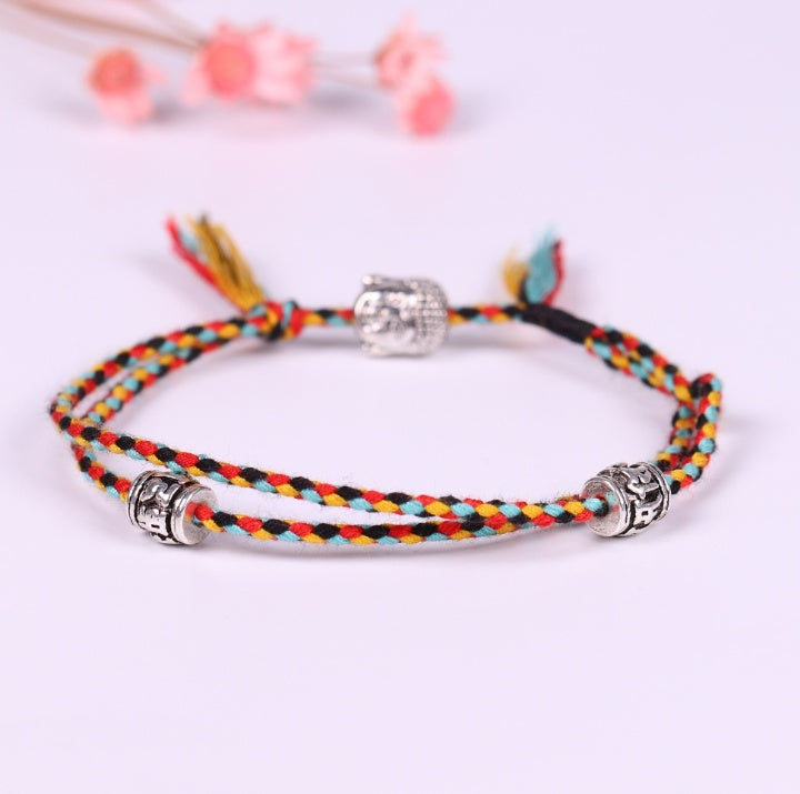 Hand-woven colorful lucky rope bracelet adjustable silver Buddha head double simple bracelet 9757550970512