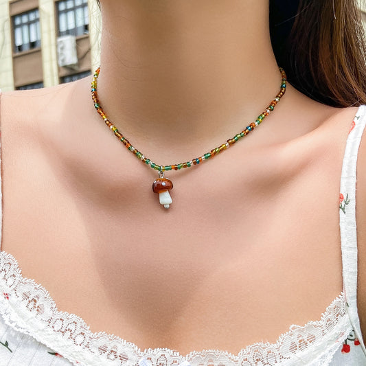 Cute Contrast Color Bead Vacation Style Necklace Summer Colorful Beaded Mushroom Necklace For Women 97b68177 f30b 4d35 a462 c