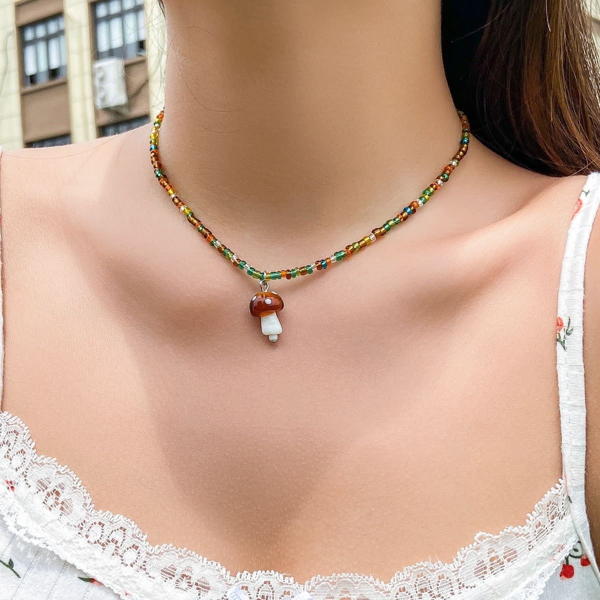 Cute Contrast Color Bead Vacation Style Necklace Summer Colorful Beaded Mushroom Necklace For Women 97b68177 f30b 4d35 a462 c