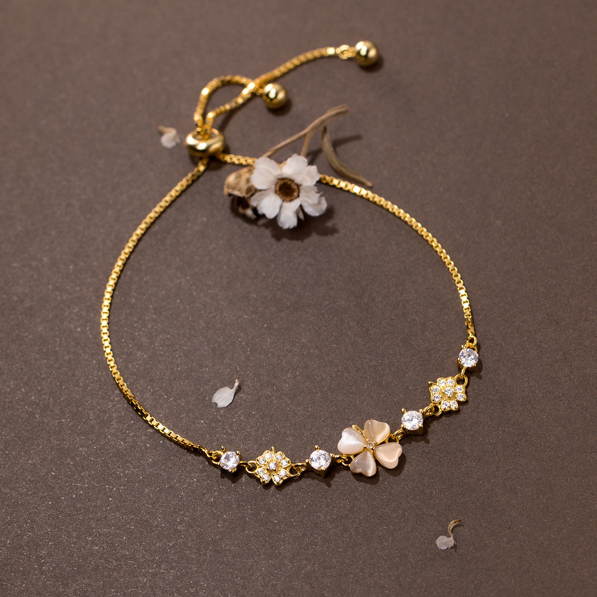 Silver Diamond Four Petal Flower Synthetic Opal Women's Bracelet 97b6c1a8 bf48 4a28 b3b4 66e66ce4e7e2
