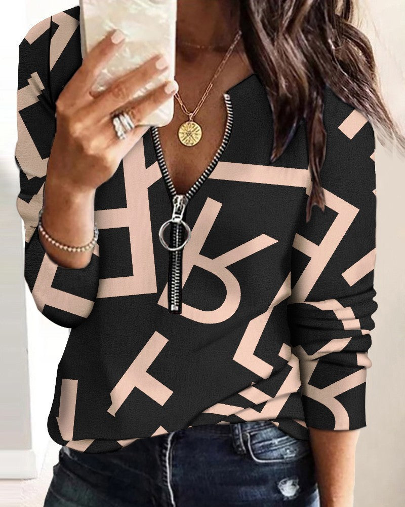 Fashion Printed Long-sleeve Zipper New Casual Women's Top 981544cb 2349 4df1 ad17 7974a713d1ef