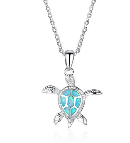 Fashion silver filled blue opal sea turtle pendant necklace for women female Animal wedding ocean beach jewelry gift 98952206