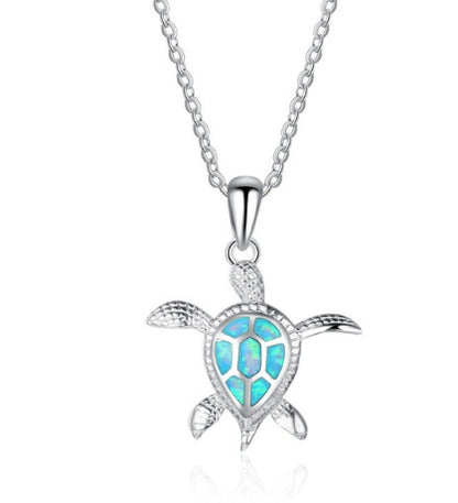 Fashion silver filled blue opal sea turtle pendant necklace for women female Animal wedding ocean beach jewelry gift 98952206