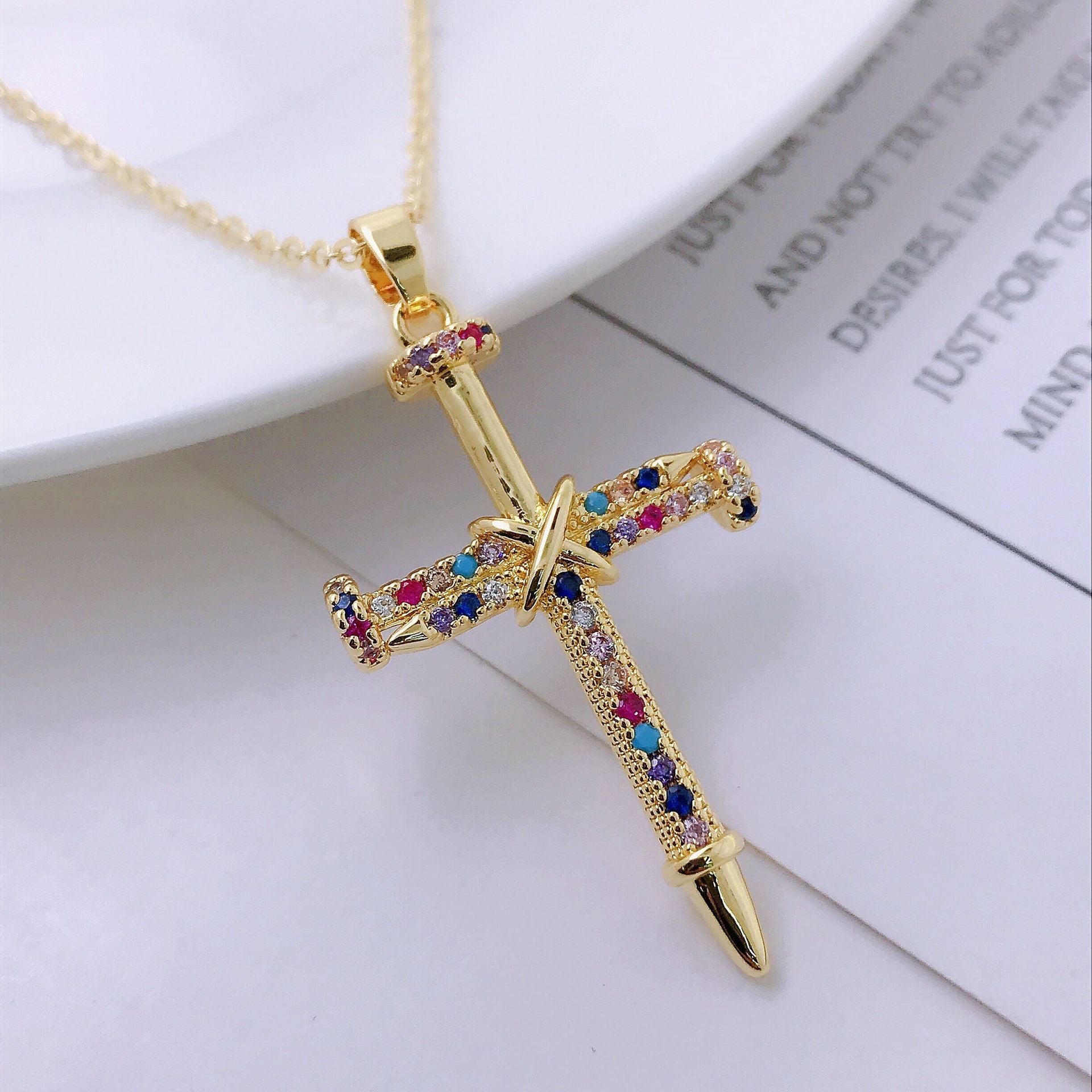 14K Gold Personality Hip Hop Clavicle Chain Nail Cross Necklace Pendant - HD Wireless Product #6