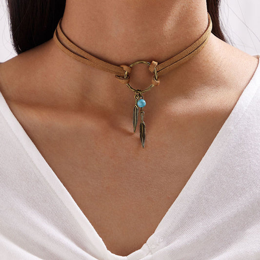 Vintage Alloy Feather Leather Choker Necklace 997885656562