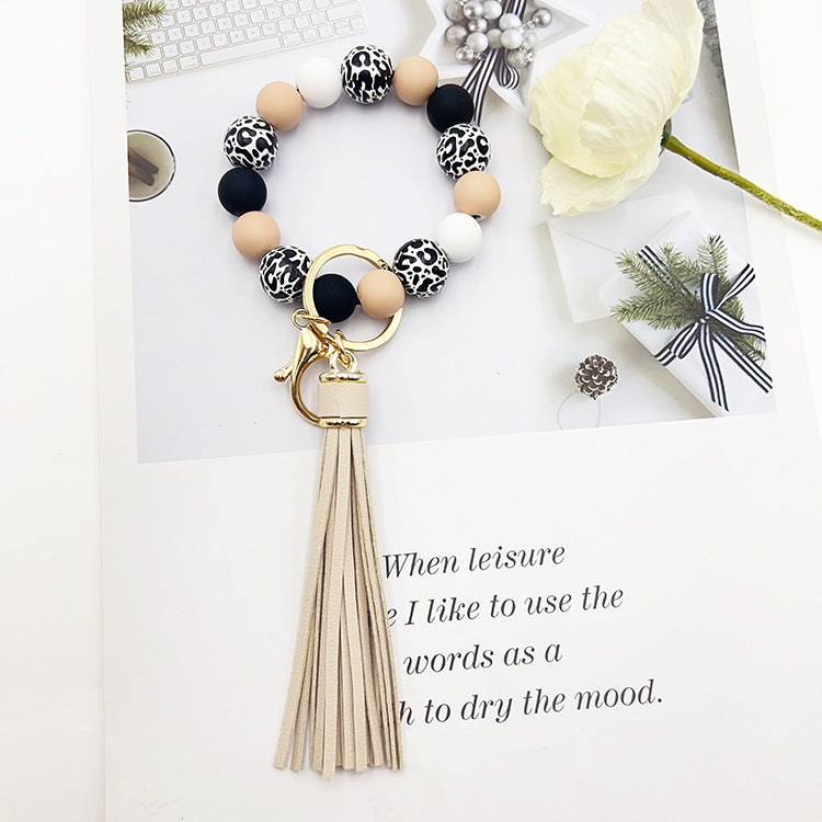Black Leopard Print White Background Wooden Bead Keychain 999ba3d9 c871 4595 b3e0 bf0c0957fc33