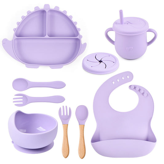 8-piece Children's Silicone Tableware Set Dinosaur Silicone Plate Bib Spoon Fork Cup Baby Silicone Plate - HD Wireless Product #1