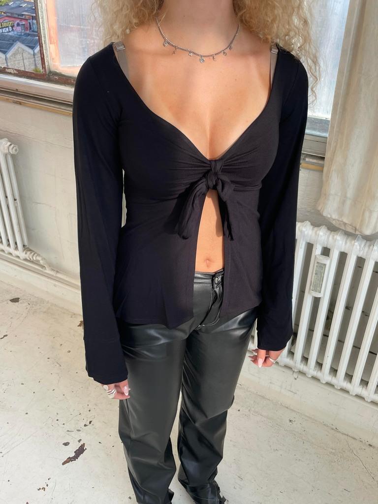 Knitted Stretch Solid Color Pullover Twisted Butterfly Long Sleeve V-neck Top 9afa6f33 23ec 4186 8071 858353a9c721