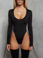 Sexy Solid Color Long Sleeve Scoop Neck Bodysuit - Stretchy Micro Elasticity, Drawstring Details, Machine Washable - Perfect 