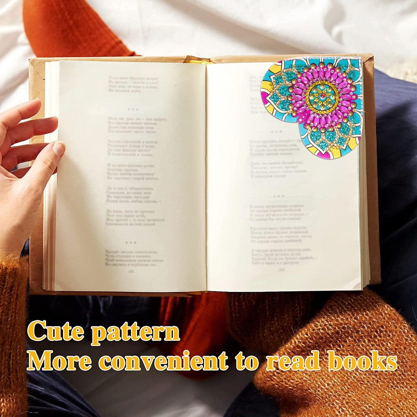 PU Leather Handmade Stick-on Crystals Flower Cornerite Bookmark - 图片 4