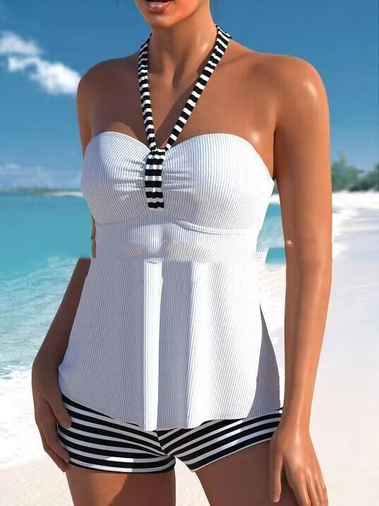 Solid Color Black And White Striped Off-shoulder Swimsuit Suit 9d0ef669 4cc4 4c41 a7d2 b84102ea89c8