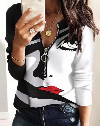 Fashion Printed Long-sleeve Zipper New Casual Women's Top 9dbaf184 f2f4 498f adee 48a7450b6c58