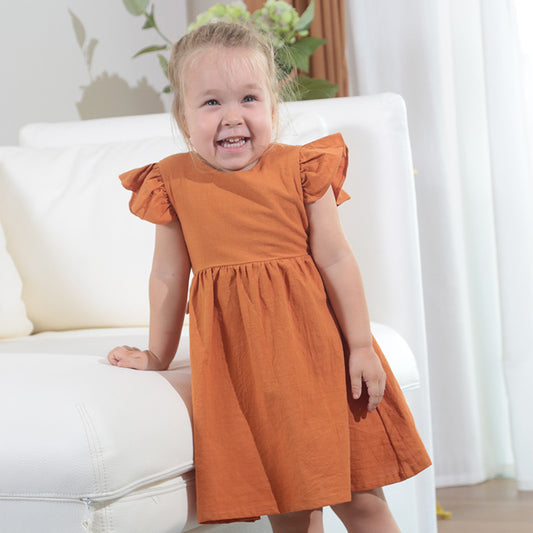 New Girls' Dress Baby Cotton And Linen Solid Color Children Shirt Bow Princess Dress Pettiskirt European And American Style C