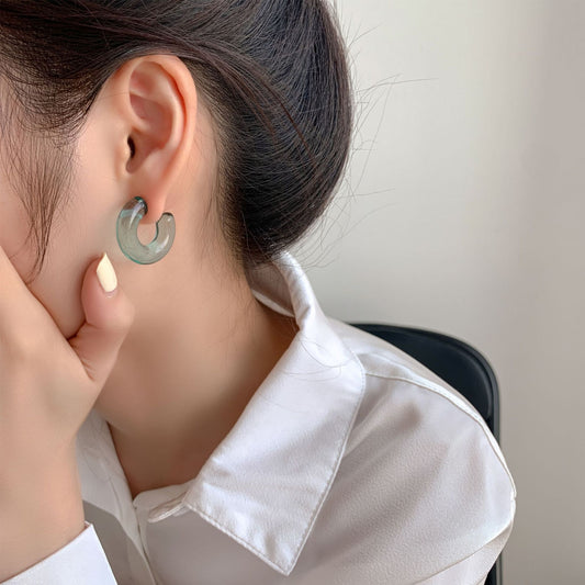 Sterling Silver Needle Transparent Jelly Color C- Shaped Earrings Japanese And Korean Temperamental All-match Face Slimming E