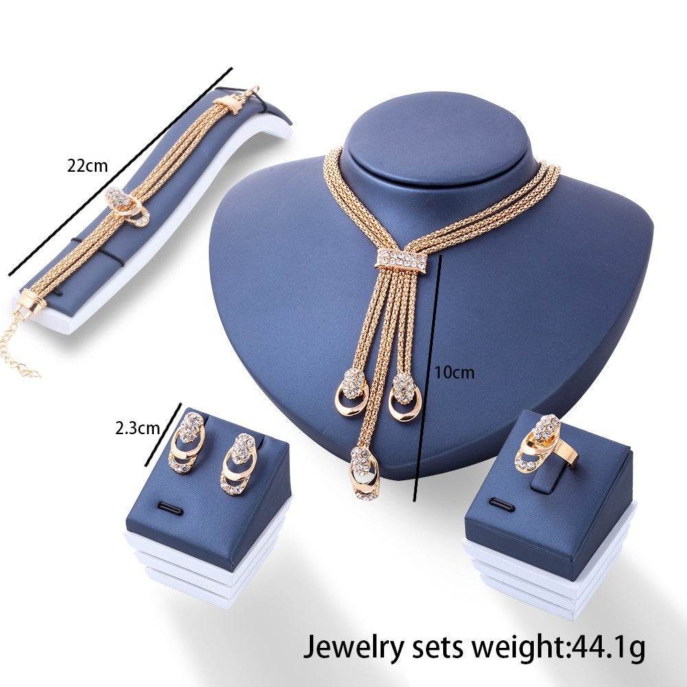 Ornament Vintage Metal Diamond-studded Necklace Earring Ring Bracelet Four-piece Diamond Jewelry Set Combination 9e877994 d15