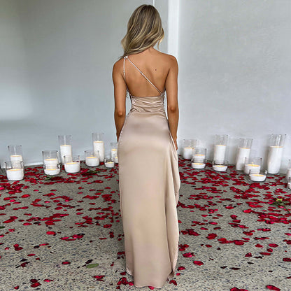 Sexy One-shoulder Backless Slit Dress Summer Elegant Slim-fit Solid Color Satin Dresses For Women 9f1731c0 f3d4 4dd5 992d be6