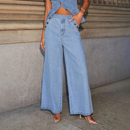 Fashion Sleeveless Denim Suit Wide Leg Pants O1CN01F6VKEJ2BSrP3E9IBV  2216076138338 0 cib