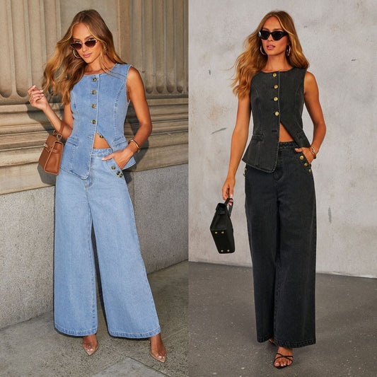 Fashion Sleeveless Denim Suit Wide Leg Pants O1CN01afKdEc2BSrP8eYiRq  2216076138338 0 cib