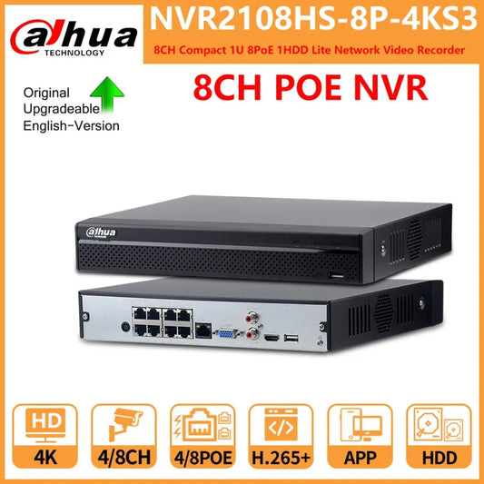 Dahua POE NVR 4CH NVR2104HS-P-4KS3 8CH NVR2108HS-8P-4KS3 1U 1HDD 4/8 PoE Port Network Video Recorder S6e3830e088514646be1a90d