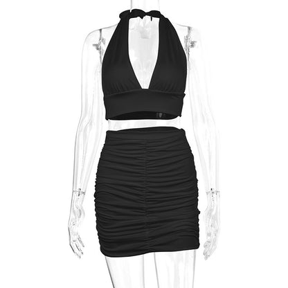 2pcs Dress Suits For Women Halter Lace-up Hip Top And Pleated Hip-covering Skirt - HD Wireless Product #3