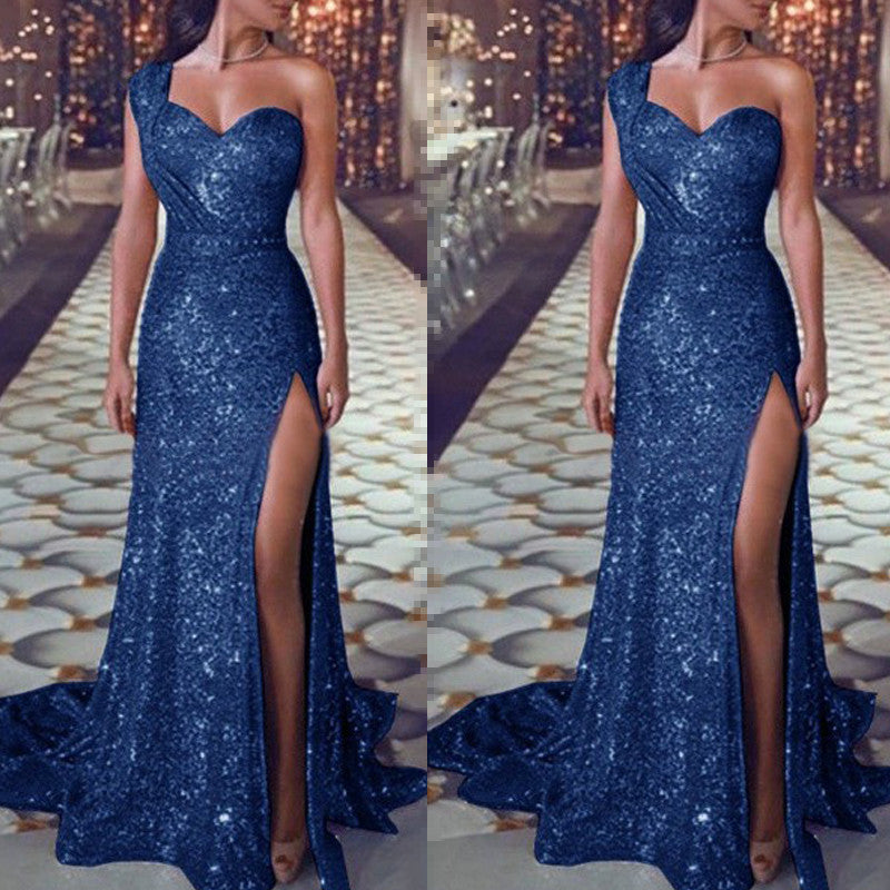 Women's Clothing One-shoulder Sleeveless Bronzing Split Dress a0939805 68a7 4108 8a16 b32bec6d3f6d