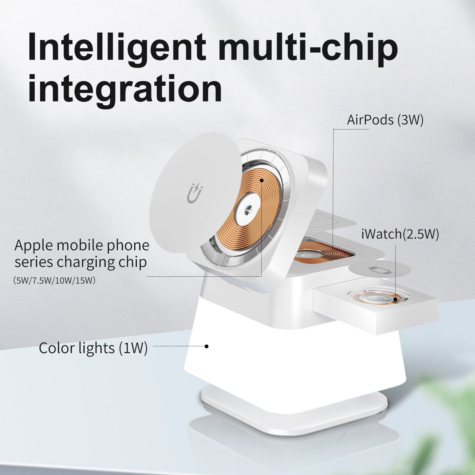 4 In 1 Rotatable Colorful Lighting Wireless Charger Stand For Phone 15 14 13 12 Pro Max 8 7 Holder Magnetic Fast Charging Station - 图片 2