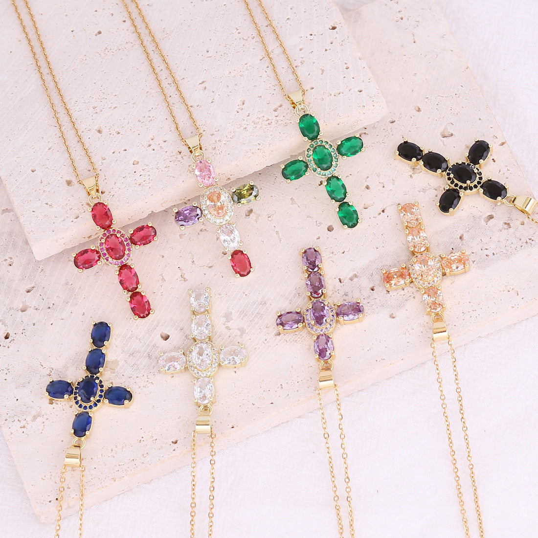 Copper Micro Zircon-laid Necklace Multicolor Cross Pendant Hip Hop Necklace Clavicle Chain a1430230 d80b 49aa 832e c30b63e173