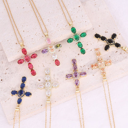 Copper Micro Zircon-laid Necklace Multicolor Cross Pendant Hip Hop Necklace Clavicle Chain a1430230 d80b 49aa 832e c30b63e173
