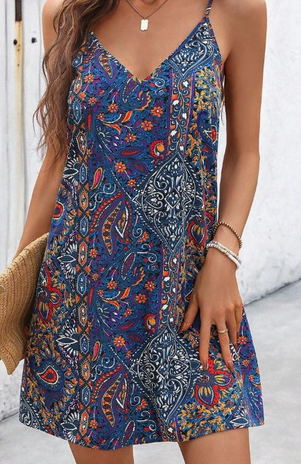 Bohemian Printed V Neck Spaghetti Strap Backless A-Line Dress, Perfect For Music Festivals a177c541 d578 4d29 ab7c 68d4345bbd