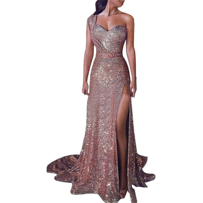 Women's Clothing One-shoulder Sleeveless Bronzing Split Dress a242ab0c dc9b 4dc1 93c9 fef5be647aeb