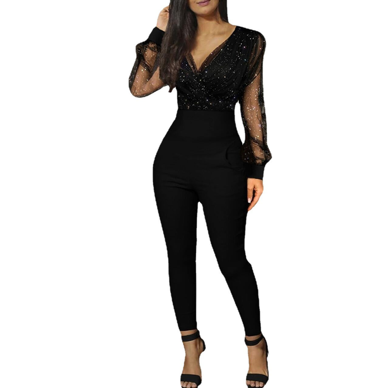 European And American Ladies Fashion V-neck Sequins Mesh Long Sleeve Jumpsuit a30579e9 86f7 419a 980c 1f8c41b2782b