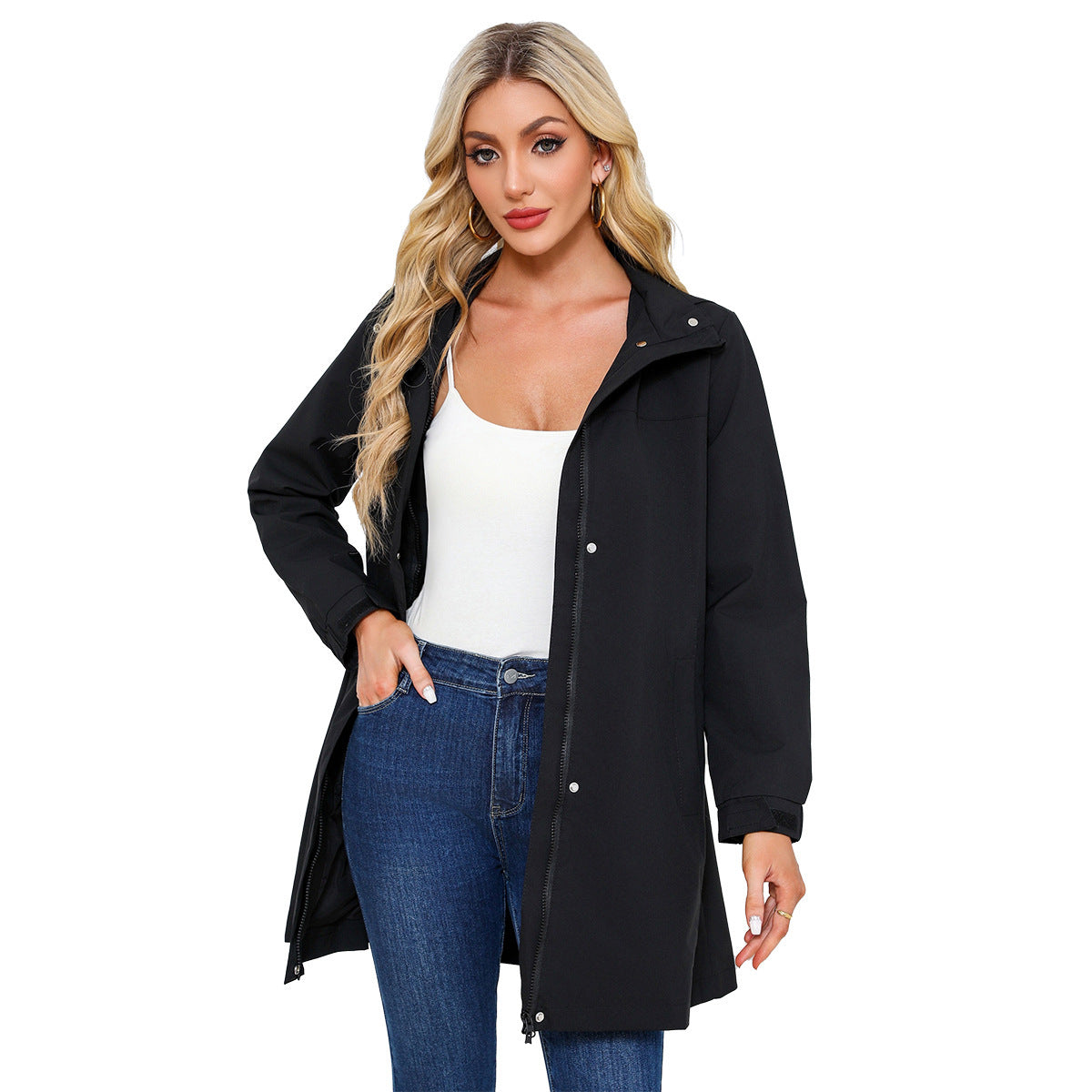 Removable Cap Waterproof Windbreaker Women's Solid Color a32cd2f0 4c54 43d8 98d1 481668aad25f