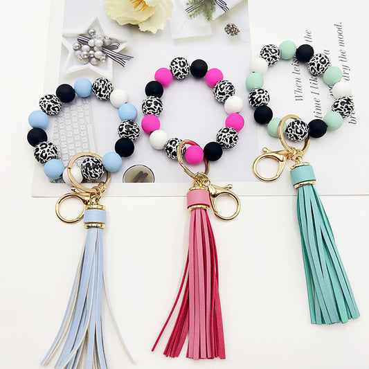 Black Leopard Print White Background Wooden Bead Keychain a340d92e 3a5c 4b79 b874 0ab66ad770fe