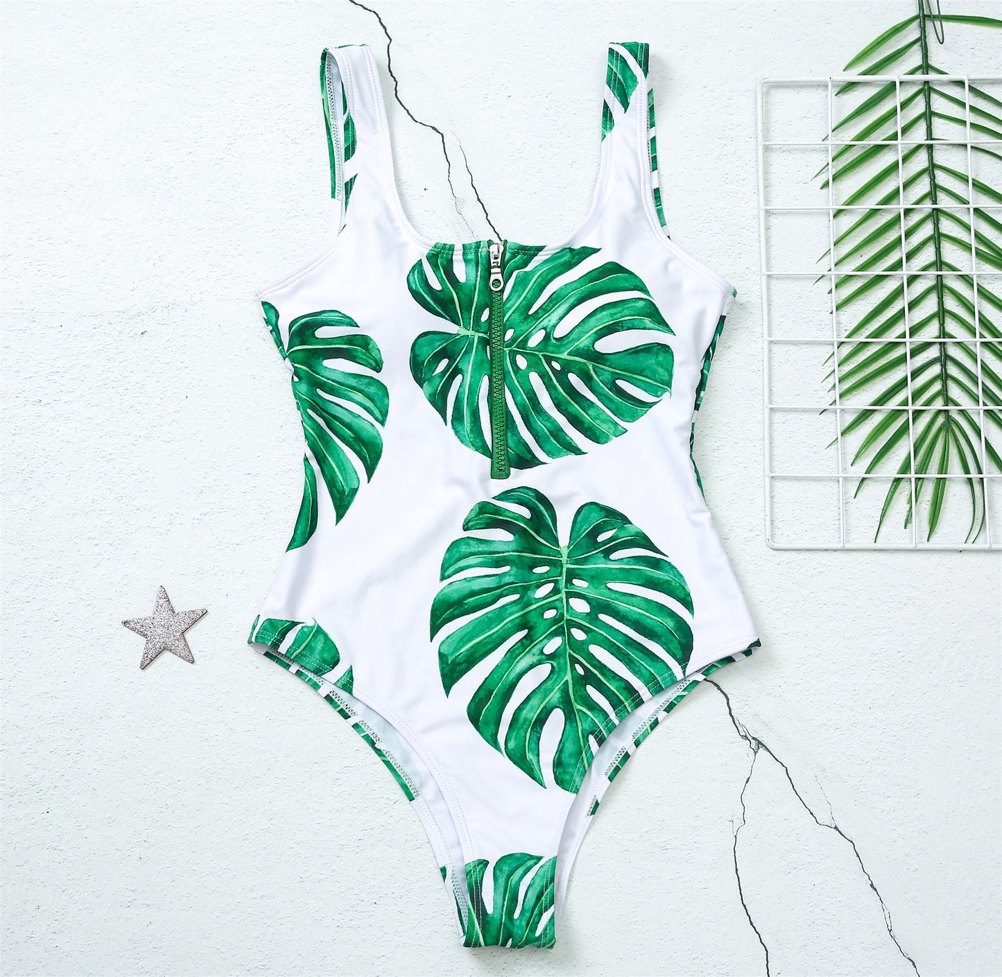 Female Leaf Print One-piece Zip Swimsuit a4156cc9 0f1d 44f2 b604 3ef31e811129 19dfb5dc cf88 49ec 8cc2 43146d65873d
