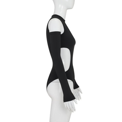 Off-the-shoulder Ripped Hollow-out Tight Long Sleeve Jumpsuit Women a543744f ec38 45b7 a4b4 da48ec3dc6b2