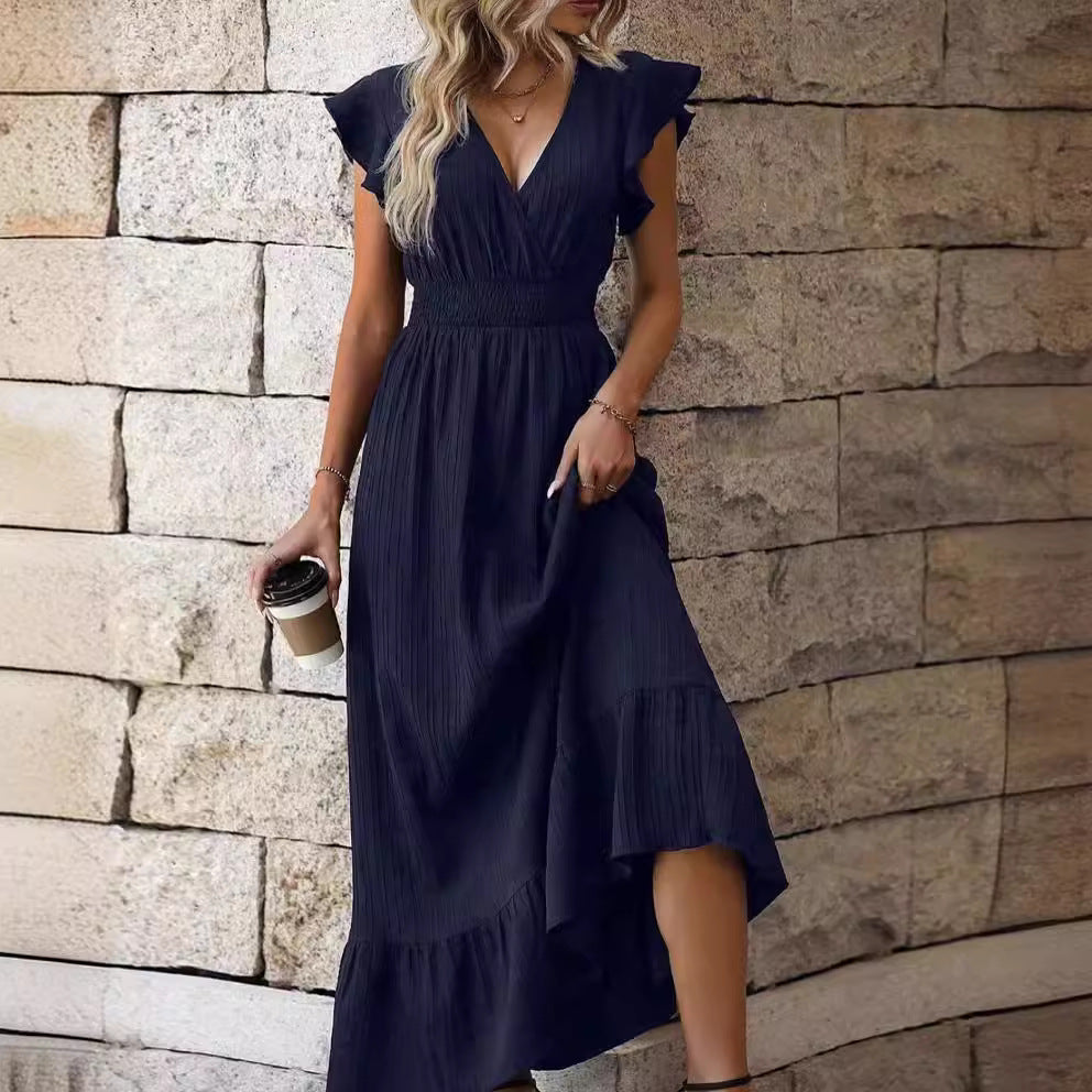 V-neck Ruffled Sleeve Solid Color Dress Leisure Vacation A- Line Skirt a5fa2742 ce12 44c5 853b e63bd125cbf4
