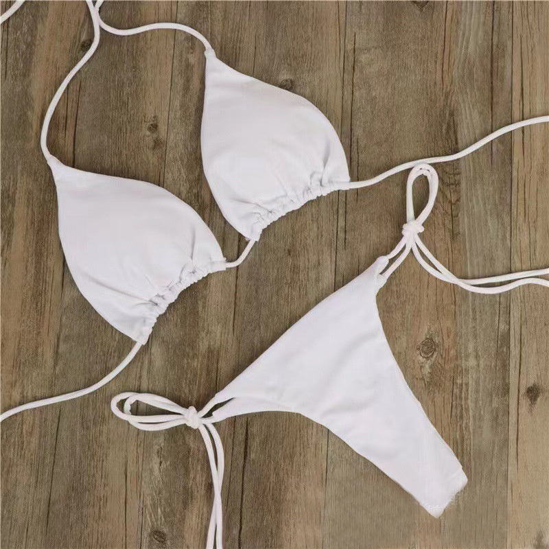 2pcs Halterneck Lace-up Bikini Women Summer Solid Color Sexy Split Strap Adjustable Swimsuit Suit - HD Wireless Product #6