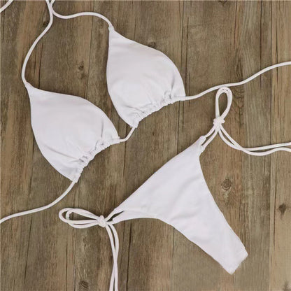 2pcs Halterneck Lace-up Bikini Women Summer Solid Color Sexy Split Strap Adjustable Swimsuit Suit - HD Wireless Product #6