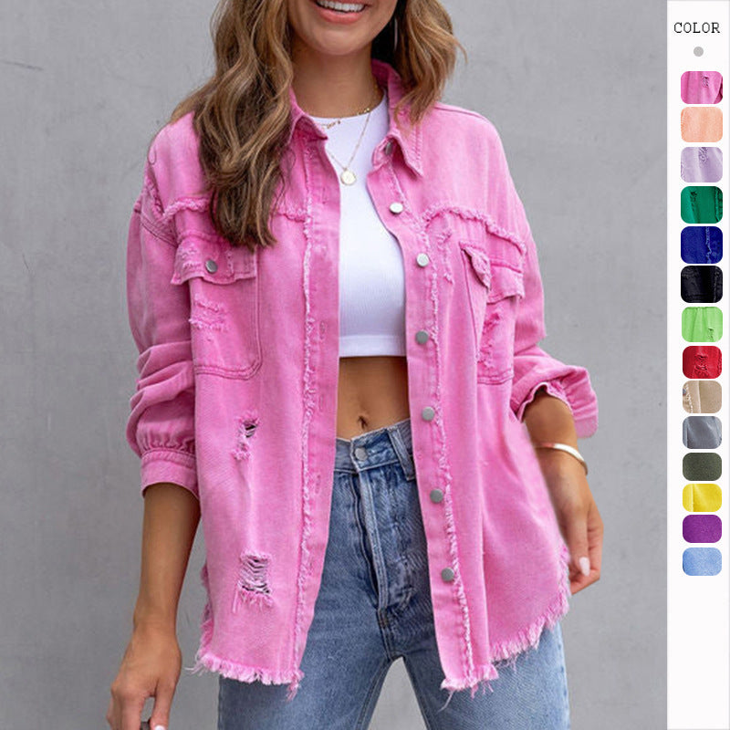Fashion Ripped Shirt Jacket Female Autumn And Spring Casual Tops Womens Clothing a751ae0e bfe6 4dca 8796 b5bca9d064c1